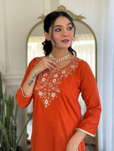 Rust Orange Viscose Chinon Embroidered Designer Kurti with Pants and Chanderi Cotton Dupatta Set