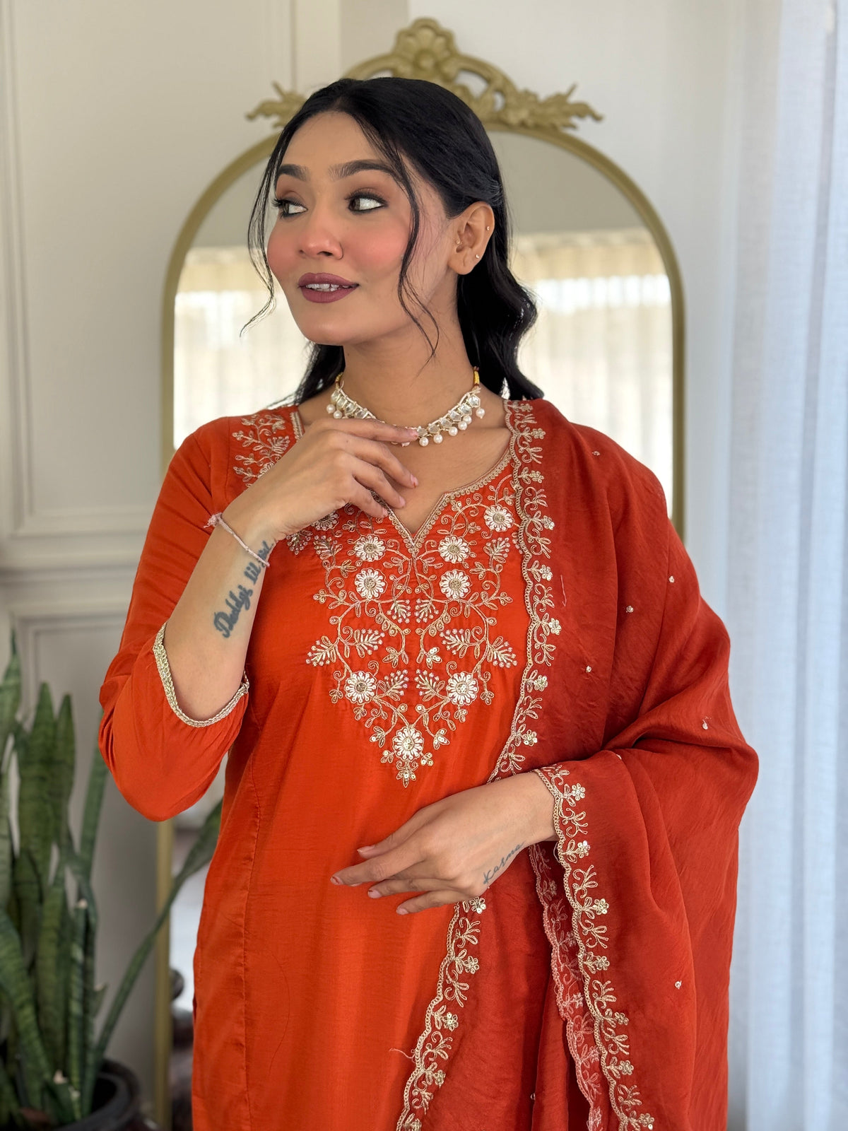 Rust Orange Viscose Chinon Embroidered Designer Kurti with Pants and Chanderi Cotton Dupatta Set