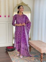 Purple Bandhani Printed French Crepe Hand Mirrored Designer Kurti with Pants and Chinon Dupatta Set