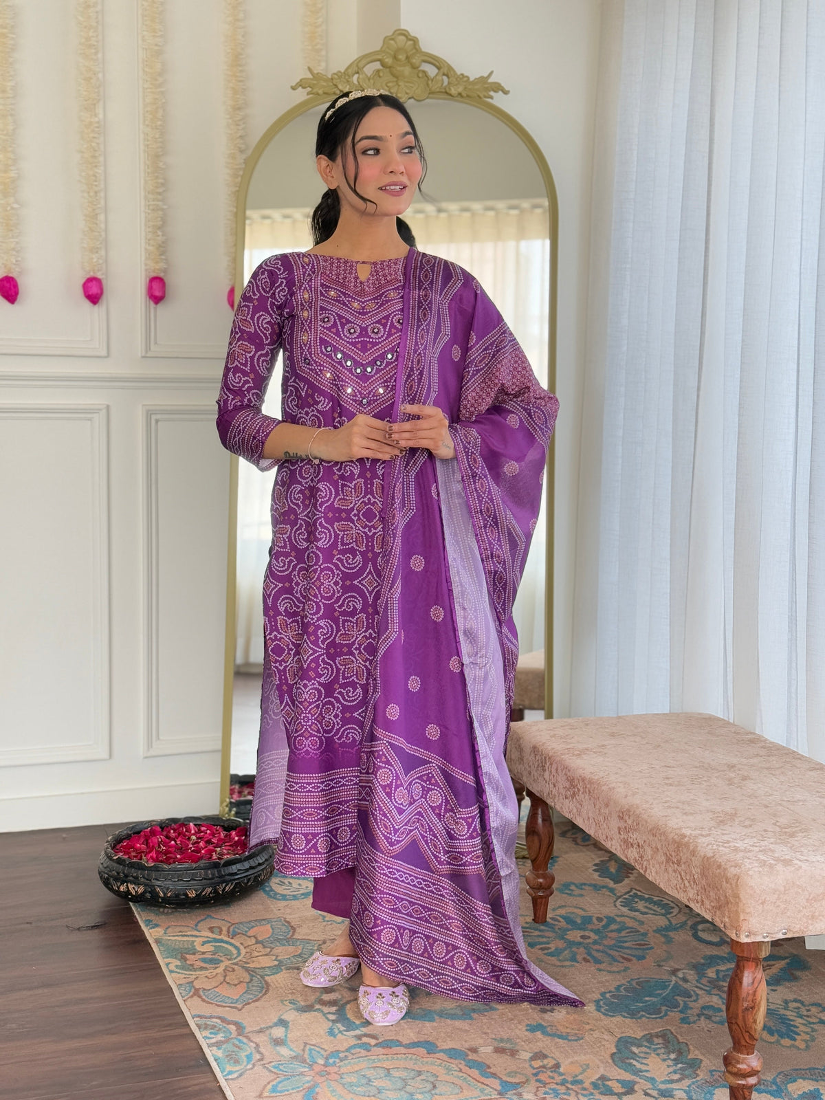 Purple Bandhani Printed French Crepe Hand Mirrored Designer Kurti with Pants and Chinon Dupatta Set