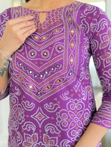 Purple Bandhani Printed French Crepe Hand Mirrored Designer Kurti with Pants and Chinon Dupatta Set