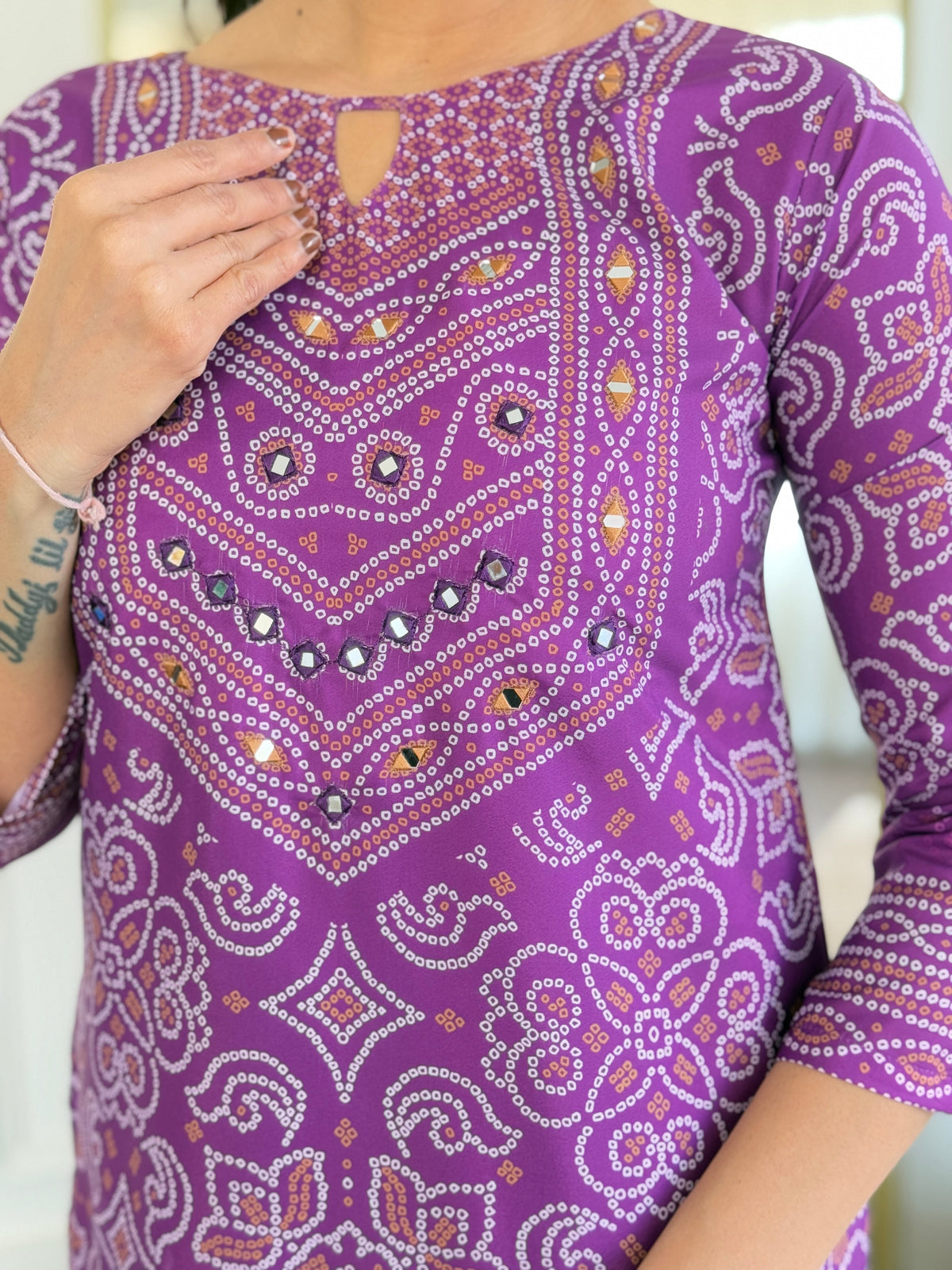 Purple Bandhani Printed French Crepe Hand Mirrored Designer Kurti with Pants and Chinon Dupatta Set