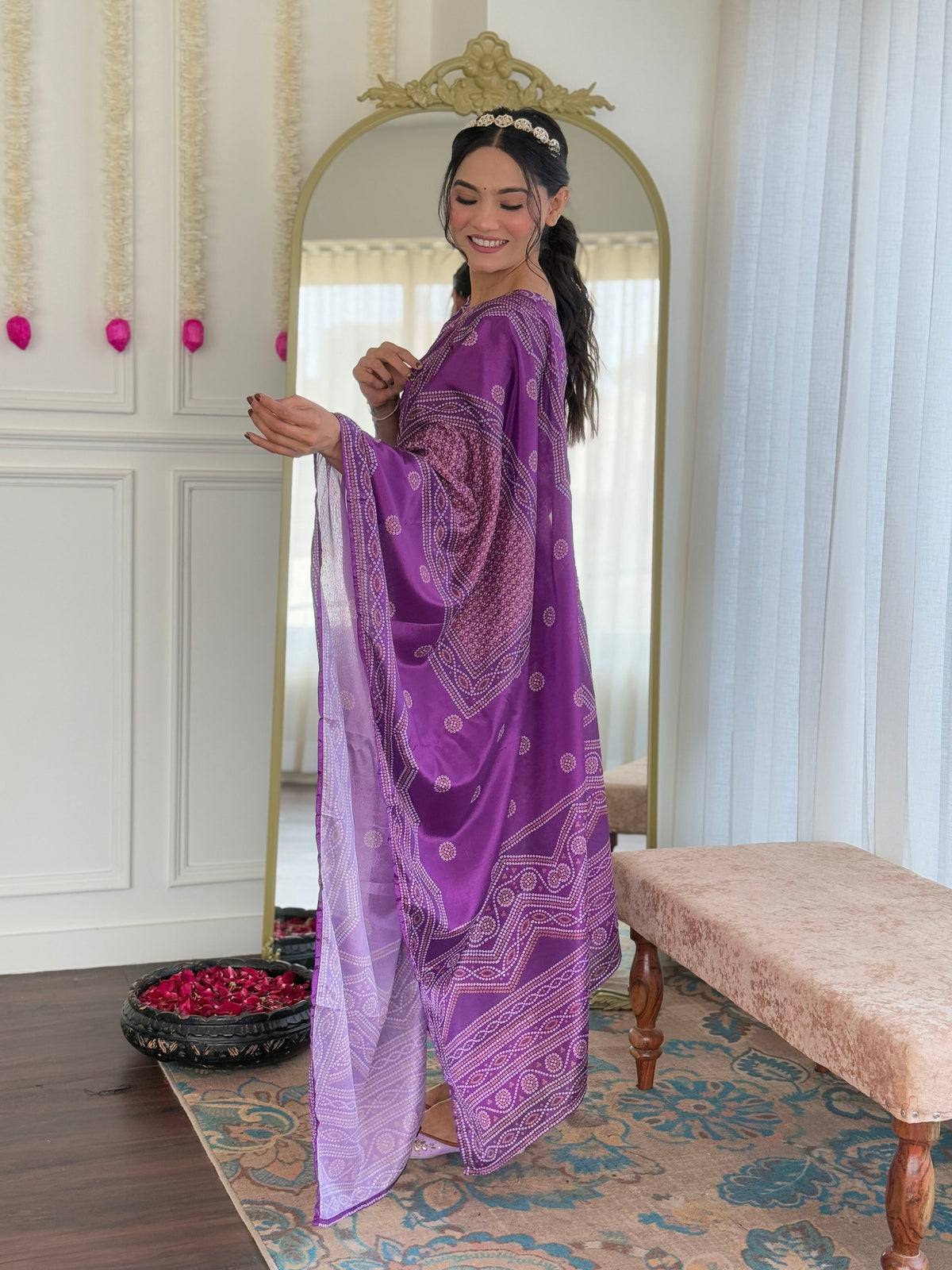 Purple Bandhani Printed French Crepe Hand Mirrored Designer Kurti with Pants and Chinon Dupatta Set