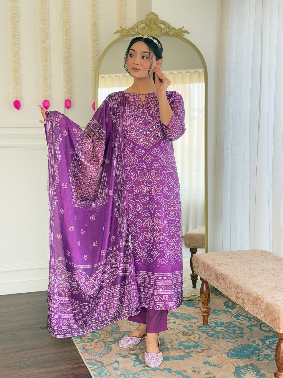 Purple Bandhani Printed French Crepe Hand Mirrored Designer Kurti with Pants and Chinon Dupatta Set