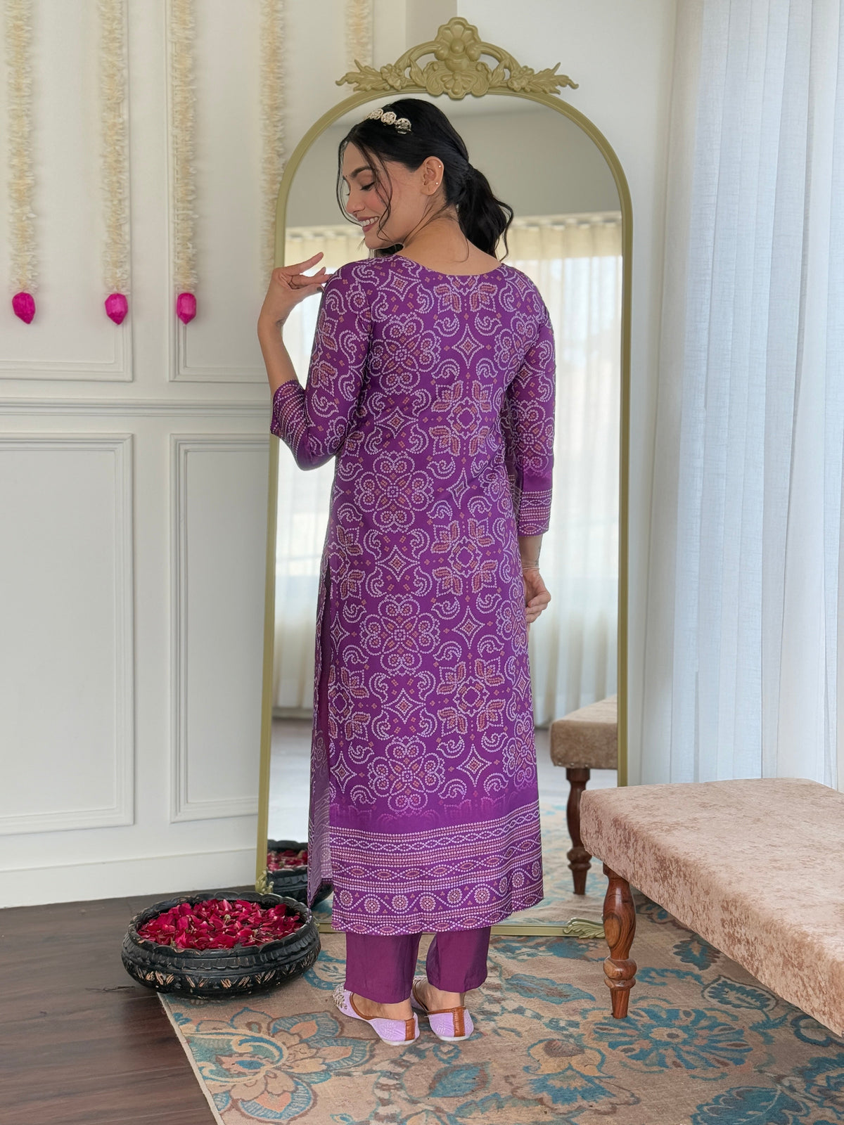 Purple Bandhani Printed French Crepe Hand Mirrored Designer Kurti with Pants and Chinon Dupatta Set