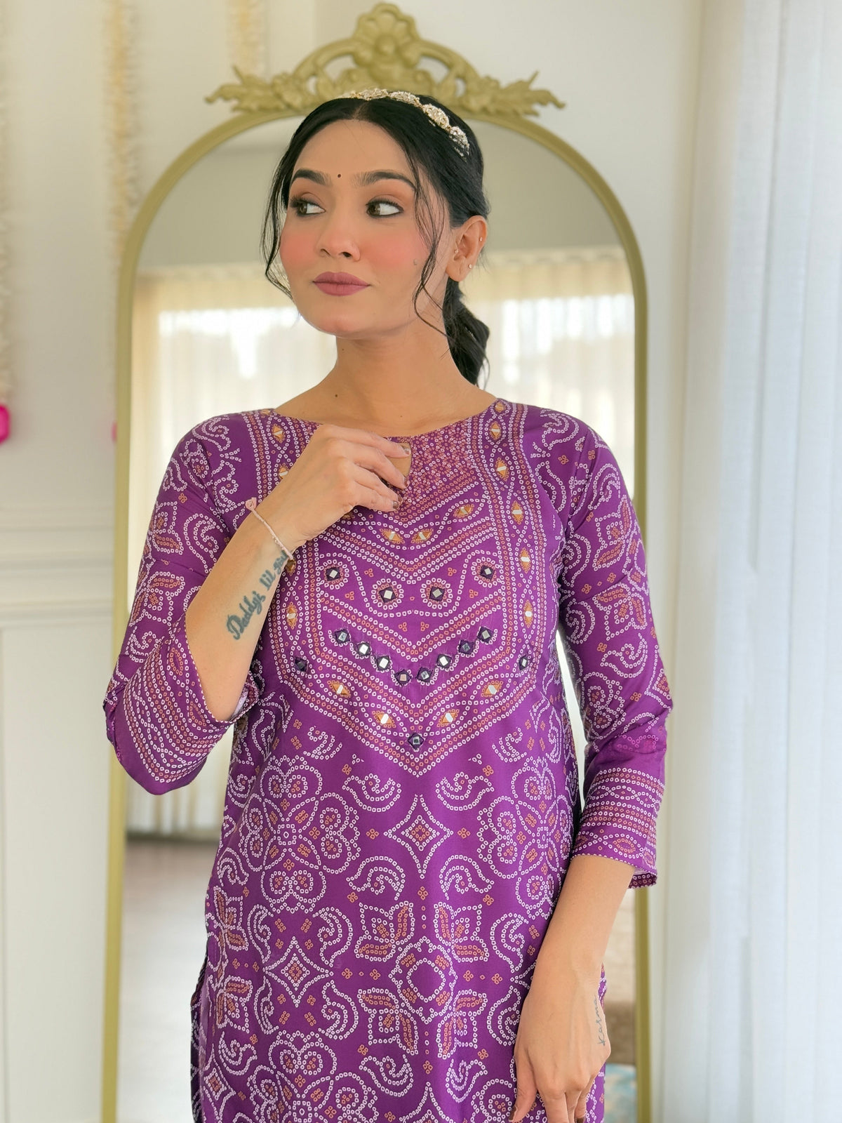 Purple Bandhani Printed French Crepe Hand Mirrored Designer Kurti with Pants and Chinon Dupatta Set