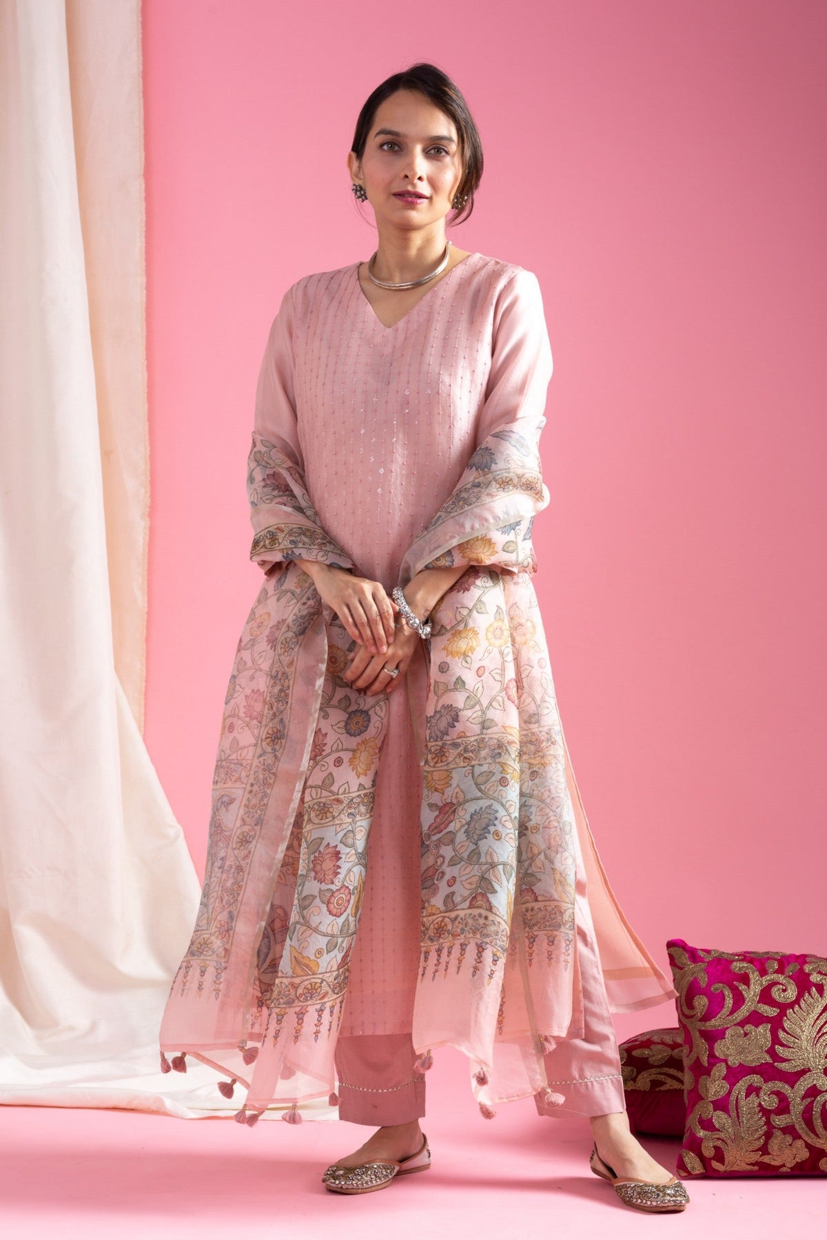 Pastel Pink Viscose Chanderi Embroidered Designer Kurti with Embellished Pants and Tabby Organza Printed Dupatta Set