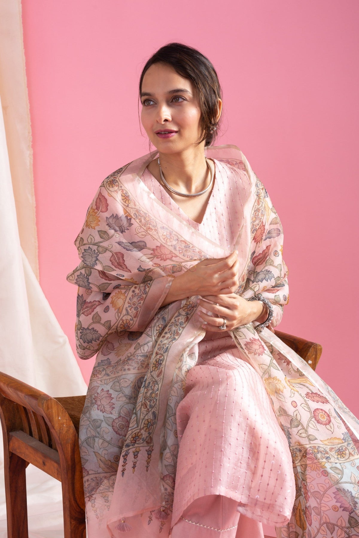 Pastel Pink Viscose Chanderi Embroidered Designer Kurti with Embellished Pants and Tabby Organza Printed Dupatta Set