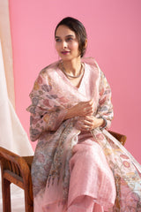 Pastel Pink Viscose Chanderi Embroidered Designer Kurti with Embellished Pants and Tabby Organza Printed Dupatta Set