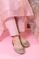 Pastel Pink Viscose Chanderi Embroidered Designer Kurti with Embellished Pants and Tabby Organza Printed Dupatta Set
