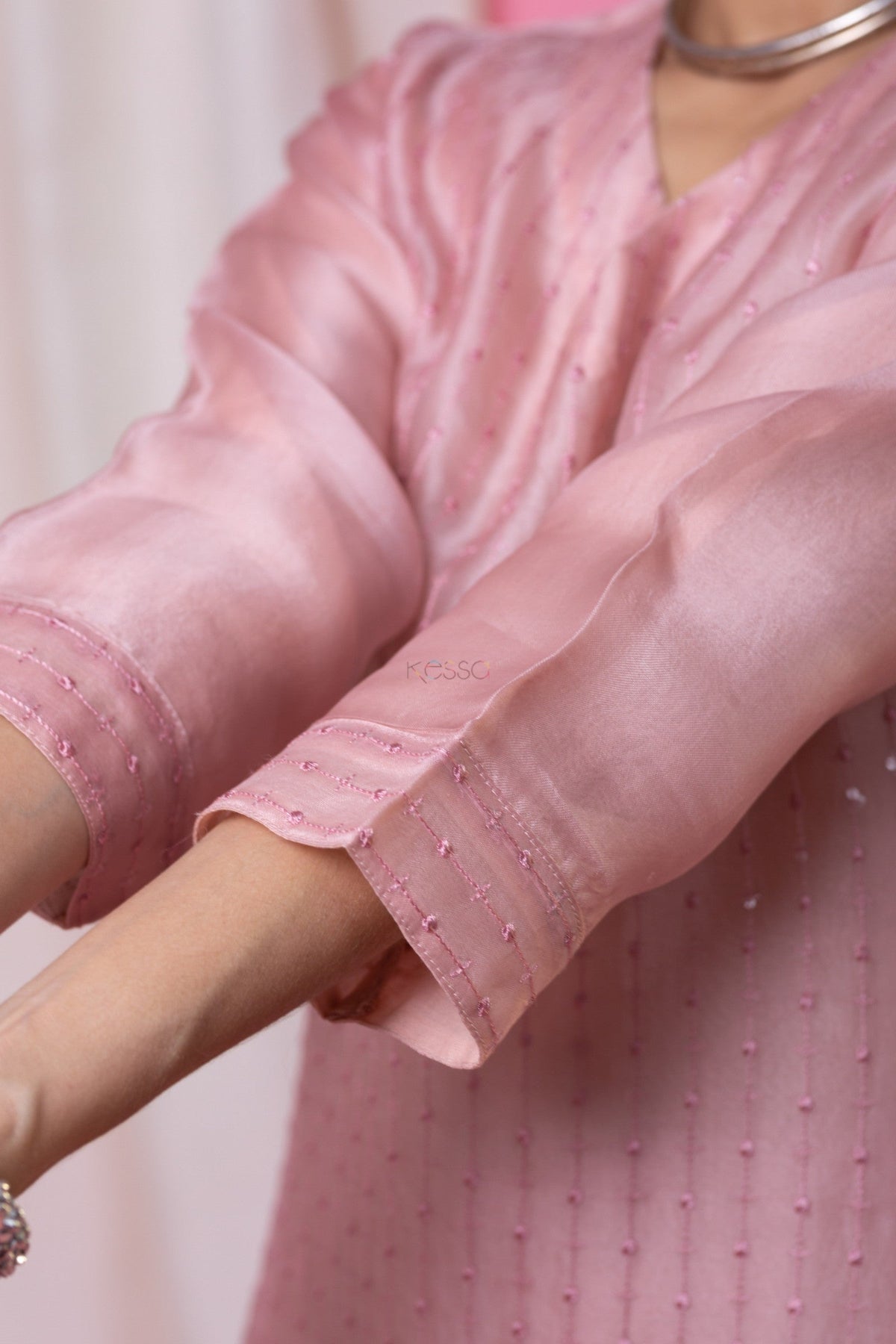 Pastel Pink Viscose Chanderi Embroidered Designer Kurti with Embellished Pants and Tabby Organza Printed Dupatta Set