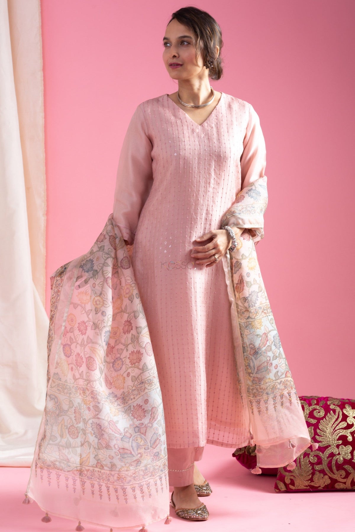 Pastel Pink Viscose Chanderi Embroidered Designer Kurti with Embellished Pants and Tabby Organza Printed Dupatta Set