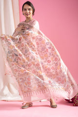 Pastel Pink Viscose Chanderi Embroidered Designer Kurti with Embellished Pants and Tabby Organza Printed Dupatta Set