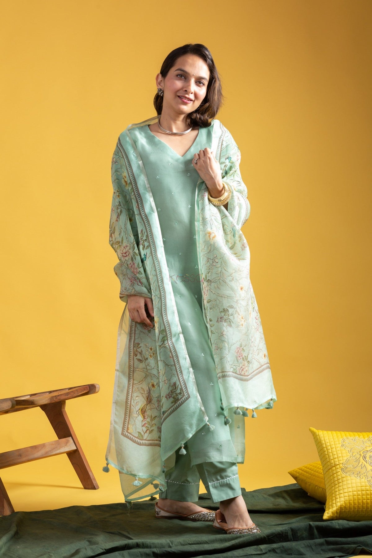 Mint Green Viscose Chanderi Embroidered Designer Kurti with Embellished Pants and Tabby Organza Printed Dupatta Set