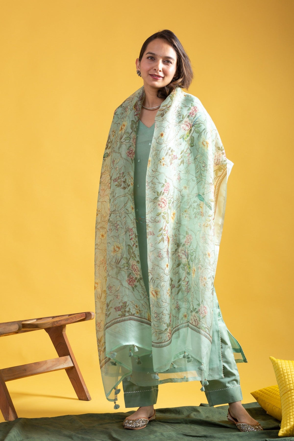 Mint Green Viscose Chanderi Embroidered Designer Kurti with Embellished Pants and Tabby Organza Printed Dupatta Set