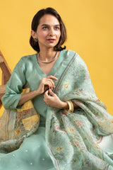 Mint Green Viscose Chanderi Embroidered Designer Kurti with Embellished Pants and Tabby Organza Printed Dupatta Set