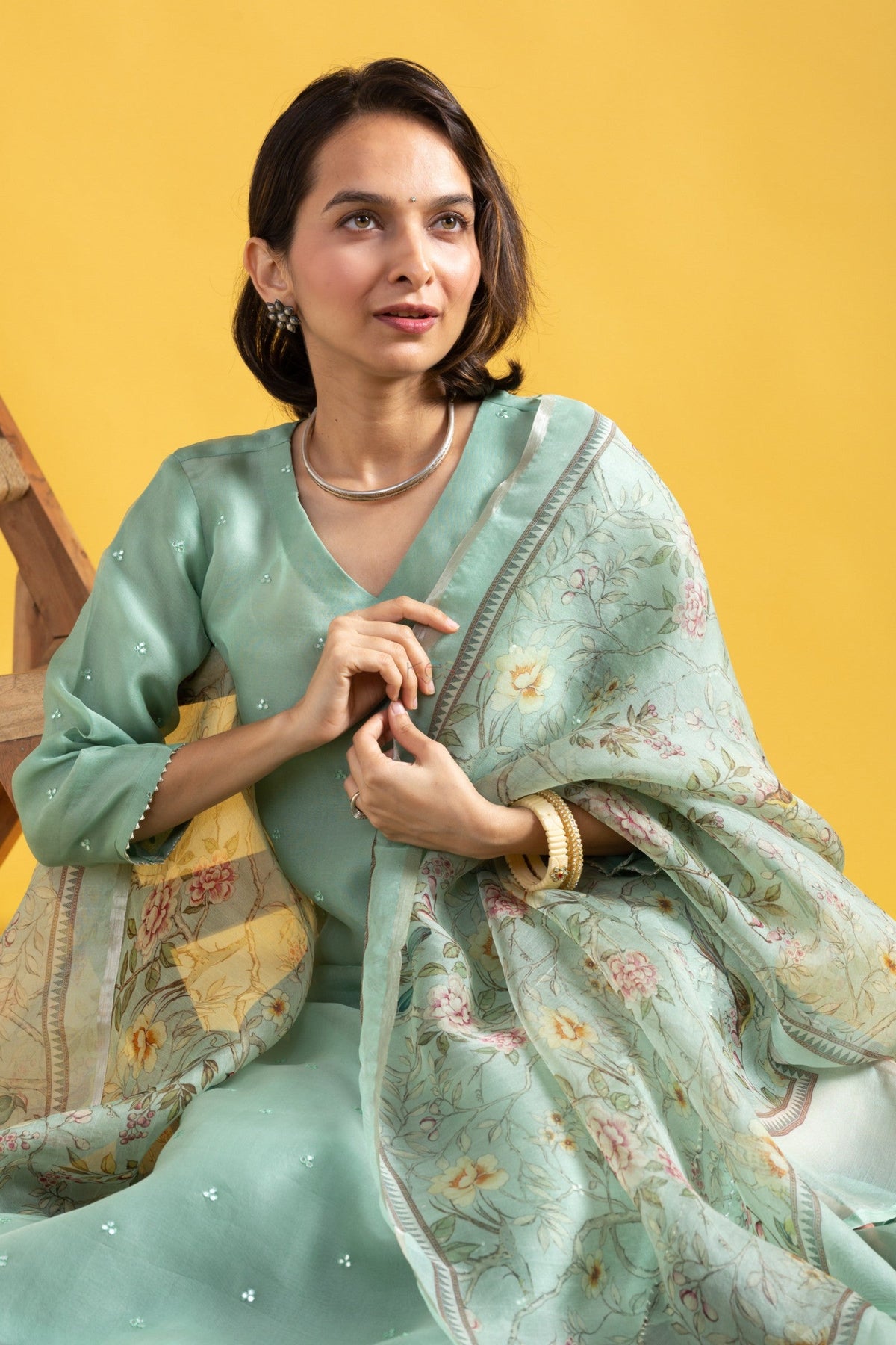 Mint Green Viscose Chanderi Embroidered Designer Kurti with Embellished Pants and Tabby Organza Printed Dupatta Set