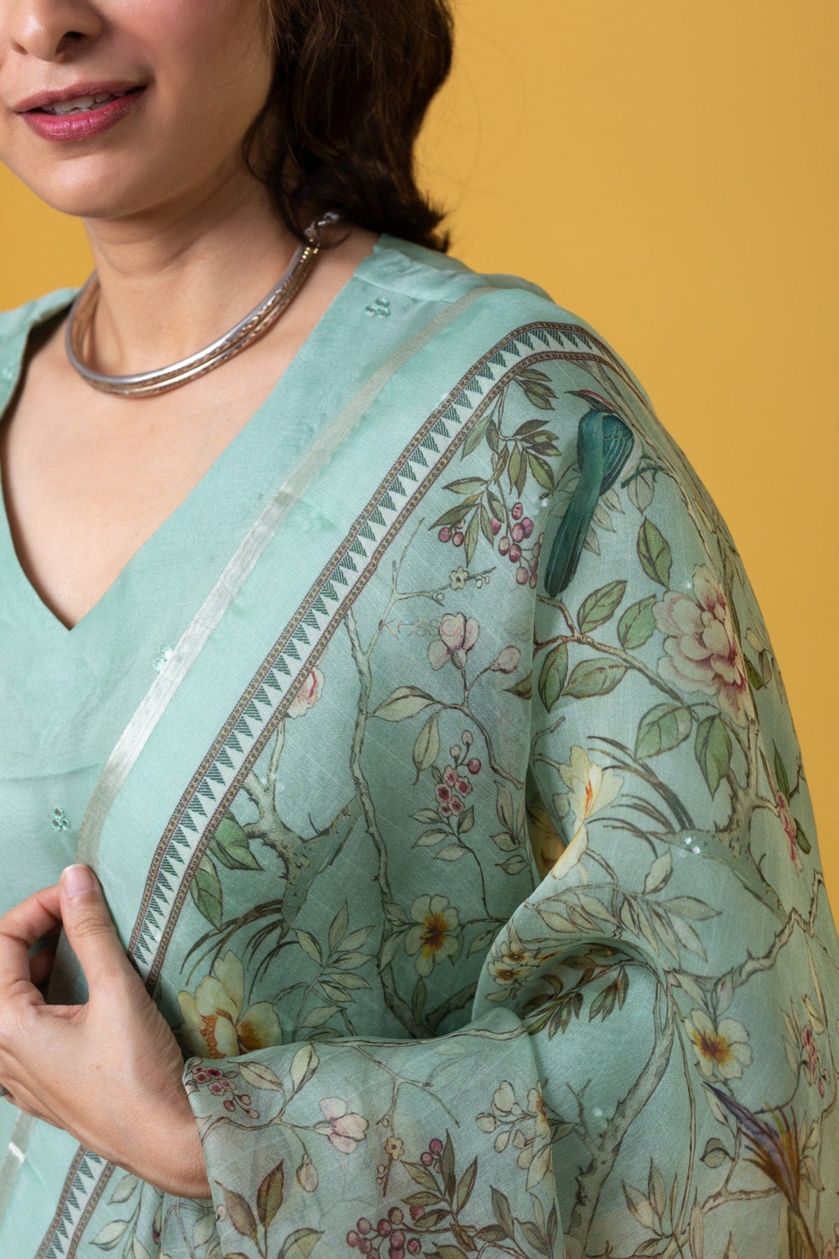 Mint Green Viscose Chanderi Embroidered Designer Kurti with Embellished Pants and Tabby Organza Printed Dupatta Set