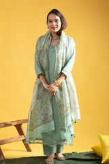 Mint Green Viscose Chanderi Embroidered Designer Kurti with Embellished Pants and Tabby Organza Printed Dupatta Set