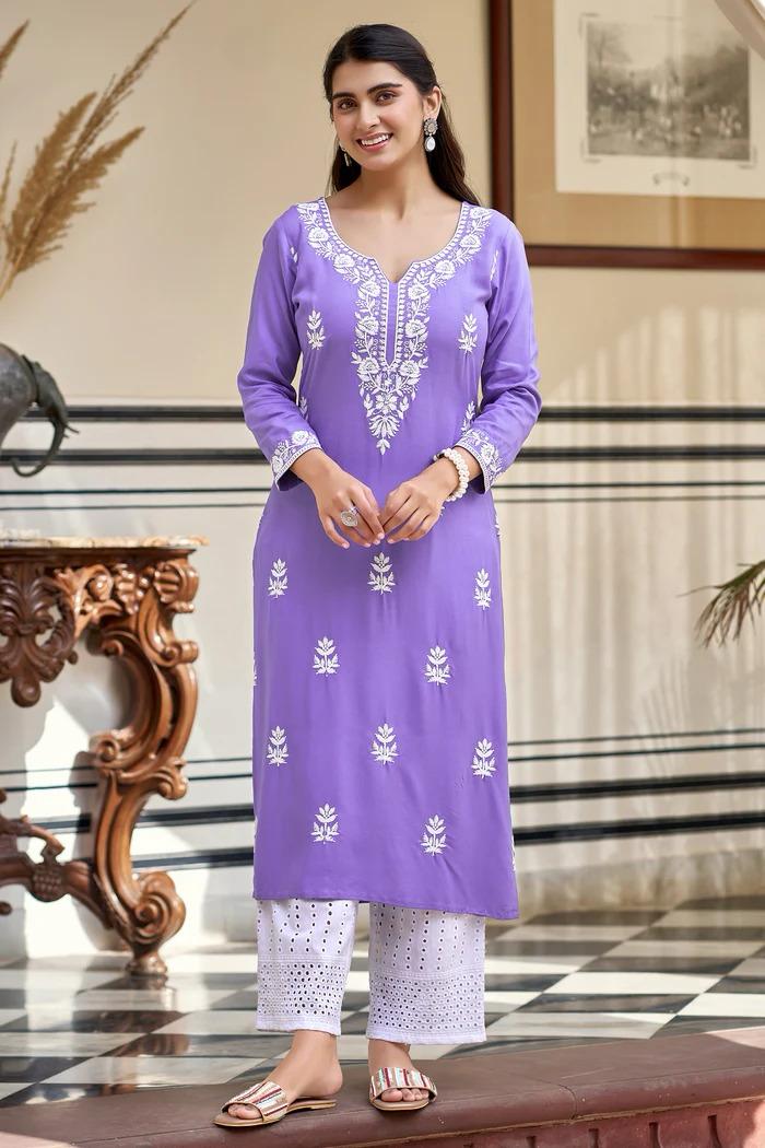 Lavender Pure Rayon Embroidered Kurti with White Cotton Sifaly Bottom Set