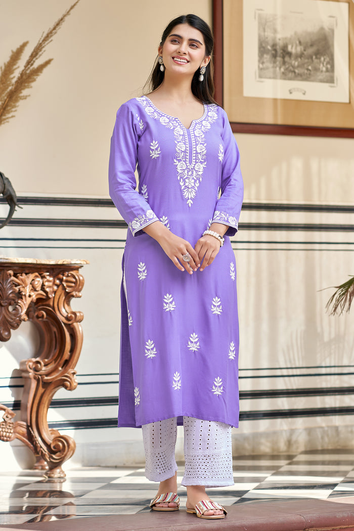 Lavender Pure Rayon Embroidered Kurti with White Cotton Sifaly Bottom Set