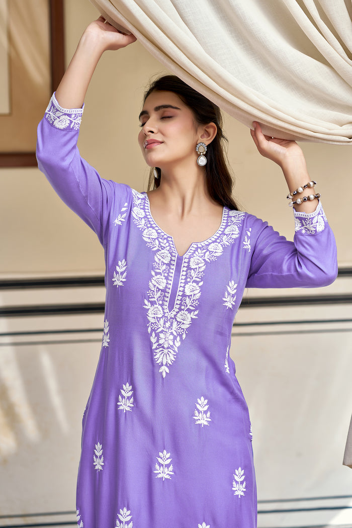 Lavender Pure Rayon Embroidered Kurti with White Cotton Sifaly Bottom Set