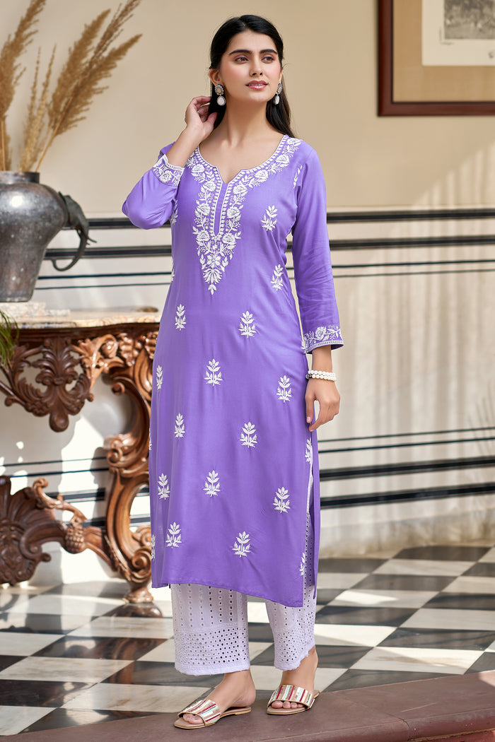 Lavender Pure Rayon Embroidered Kurti with White Cotton Sifaly Bottom Set
