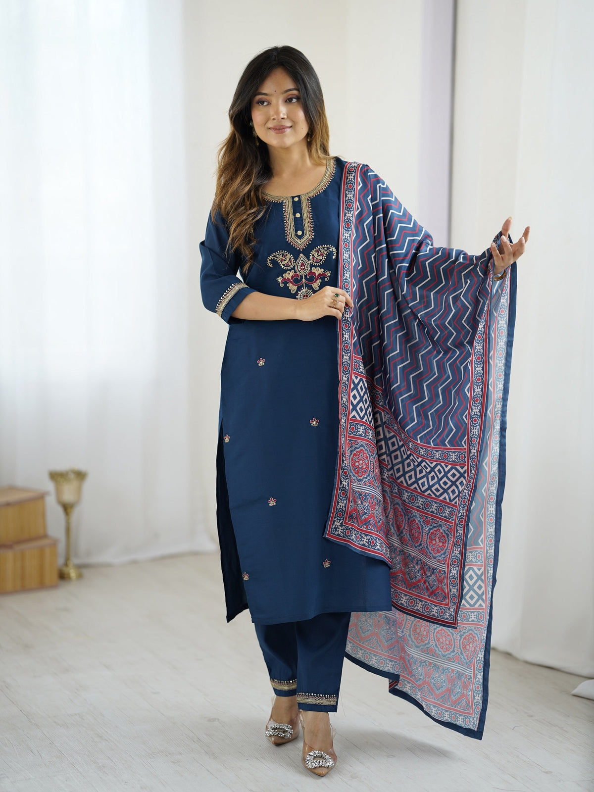 Navy Blue Chanderi Silk Embroidered Designer Kurti with Pants and Muslin Printed Dupatta Set