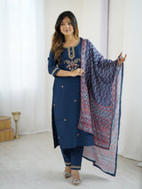 Navy Blue Chanderi Silk Embroidered Designer Kurti with Pants and Muslin Printed Dupatta Set