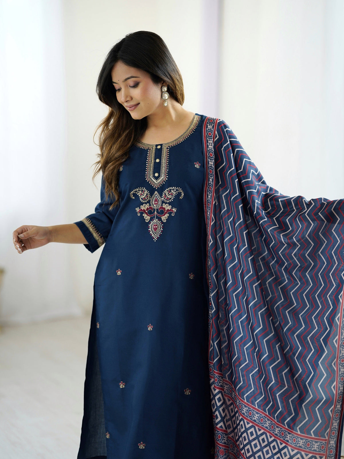 Navy Blue Chanderi Silk Embroidered Designer Kurti with Pants and Muslin Printed Dupatta Set