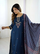 Navy Blue Chanderi Silk Embroidered Designer Kurti with Pants and Muslin Printed Dupatta Set