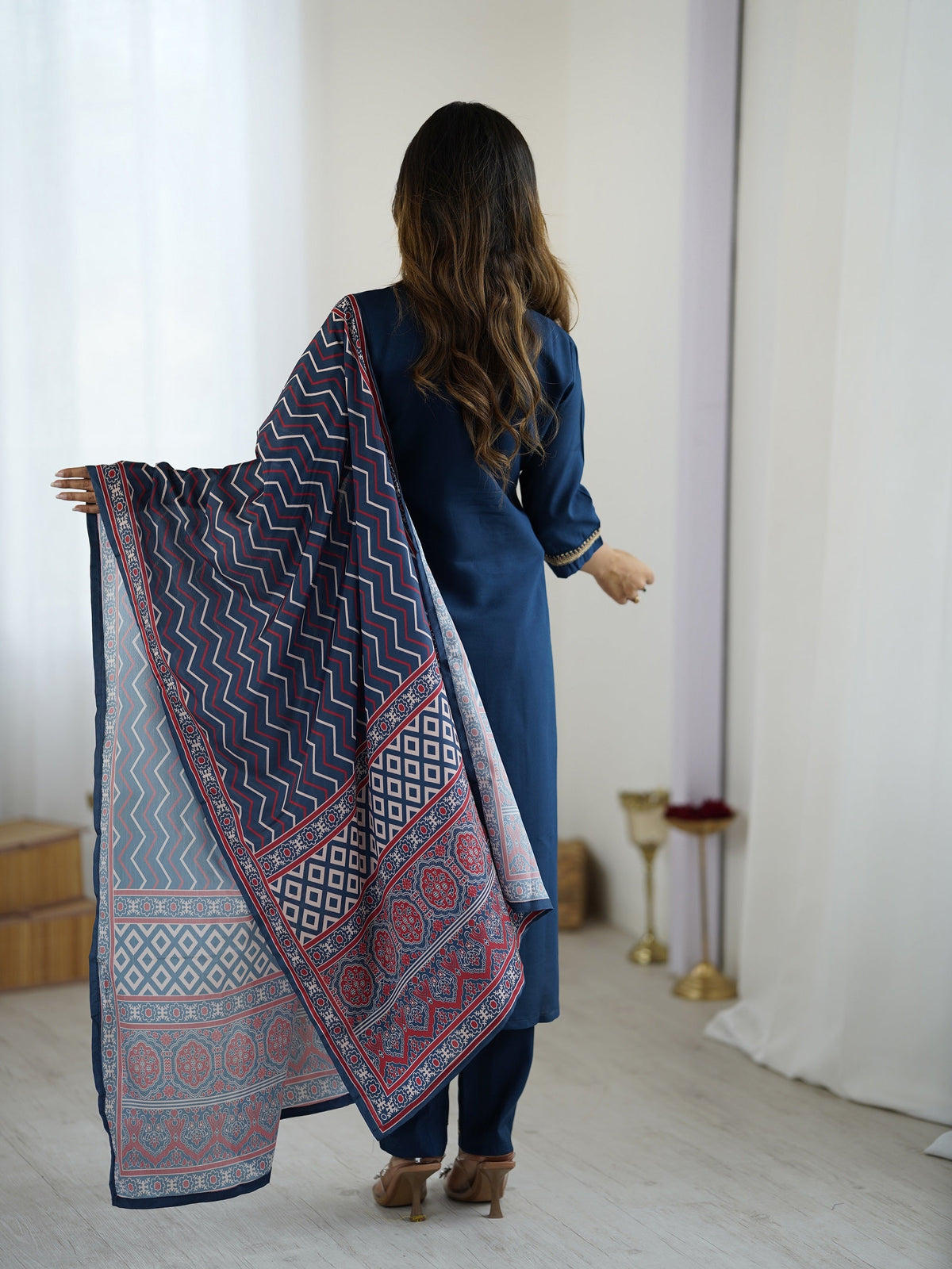 Navy Blue Chanderi Silk Embroidered Designer Kurti with Pants and Muslin Printed Dupatta Set
