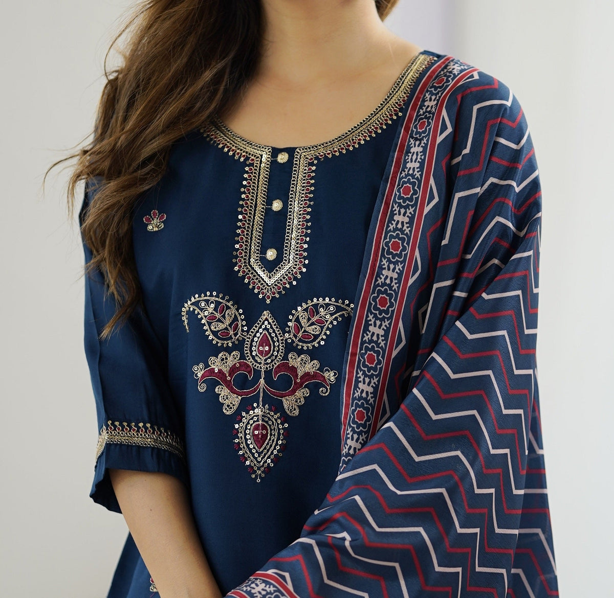Navy Blue Chanderi Silk Embroidered Designer Kurti with Pants and Muslin Printed Dupatta Set