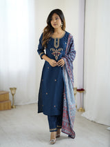 Navy Blue Chanderi Silk Embroidered Designer Kurti with Pants and Muslin Printed Dupatta Set