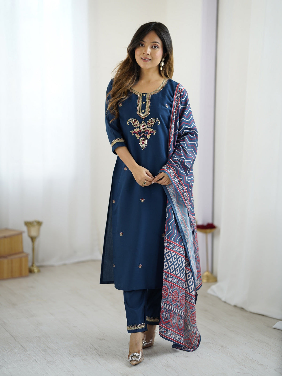 Navy Blue Chanderi Silk Embroidered Designer Kurti with Pants and Muslin Printed Dupatta Set