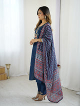 Navy Blue Chanderi Silk Embroidered Designer Kurti with Pants and Muslin Printed Dupatta Set