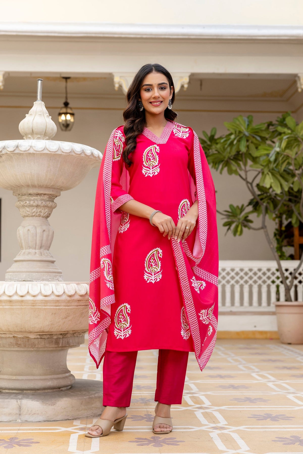Traditional Printed Rayon Kurti with Pants and Chanderi Cotton Dupatta Set
