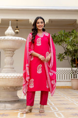 Traditional Printed Rayon Kurti with Pants and Chanderi Cotton Dupatta Set