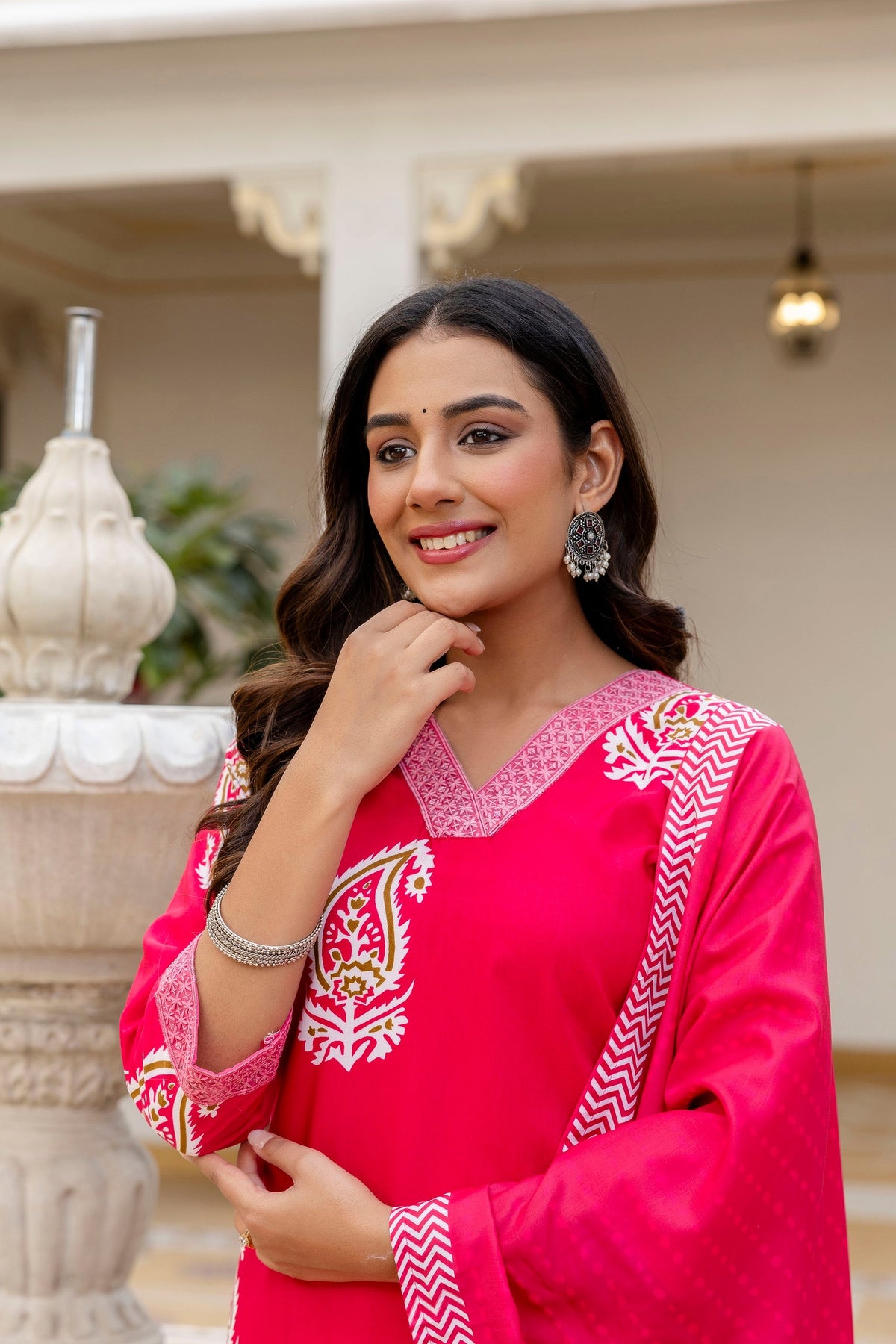 Traditional Printed Rayon Kurti with Pants and Chanderi Cotton Dupatta Set