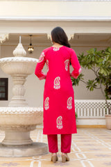 Traditional Printed Rayon Kurti with Pants and Chanderi Cotton Dupatta Set