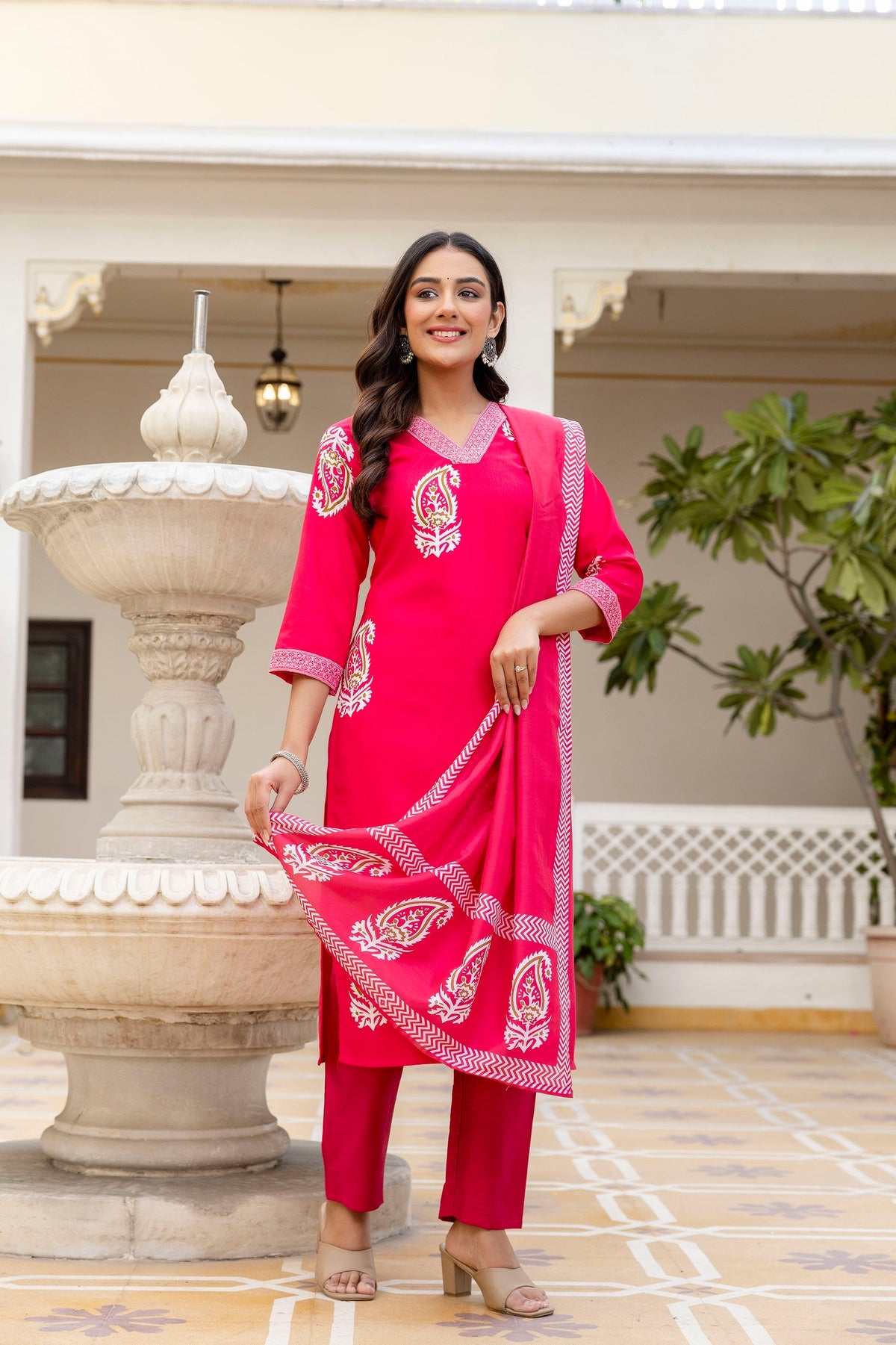 Traditional Printed Rayon Kurti with Pants and Chanderi Cotton Dupatta Set