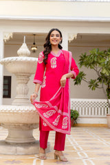 Traditional Printed Rayon Kurti with Pants and Chanderi Cotton Dupatta Set