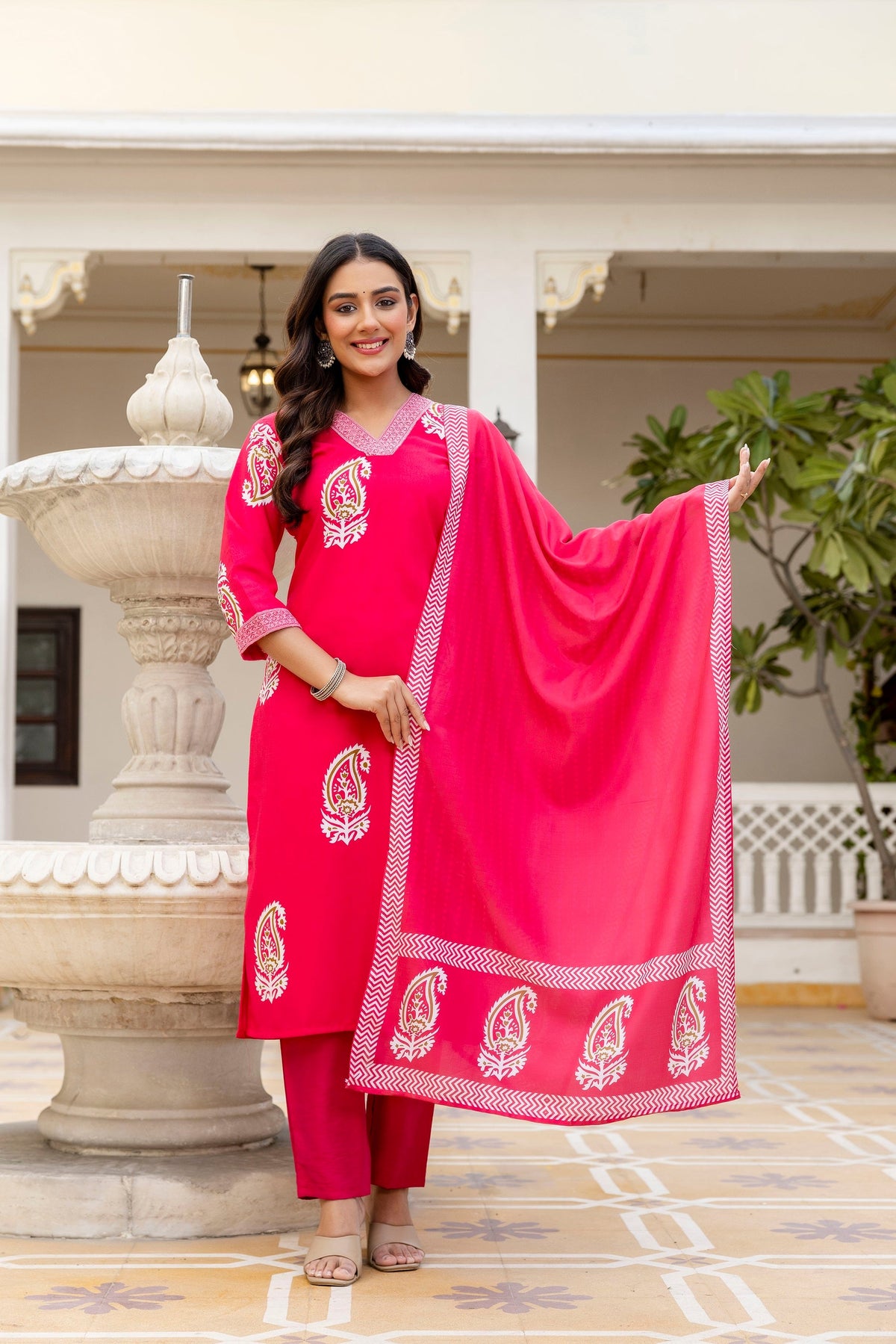 Traditional Printed Rayon Kurti with Pants and Chanderi Cotton Dupatta Set