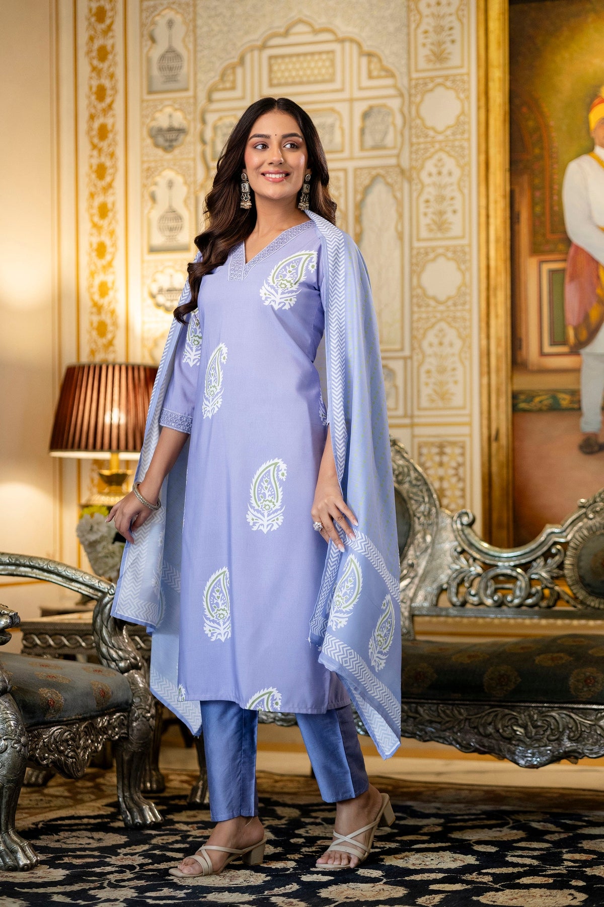 Traditional Printed Rayon Kurti with Pants and Chanderi Cotton Dupatta Set
