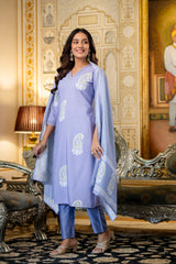 Traditional Printed Rayon Kurti with Pants and Chanderi Cotton Dupatta Set