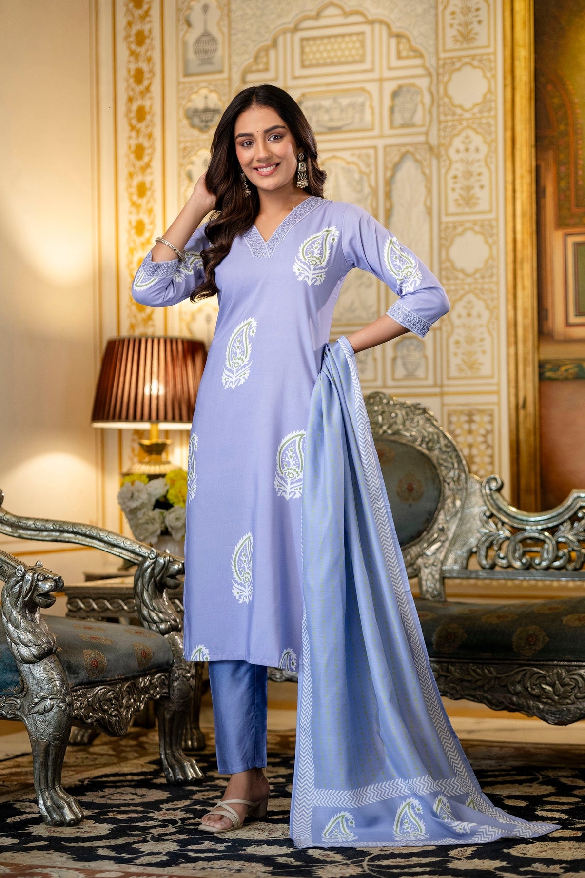 Traditional Printed Rayon Kurti with Pants and Chanderi Cotton Dupatta Set