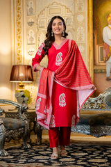 Traditional Printed Rayon Kurti with Pants and Chanderi Cotton Dupatta Set