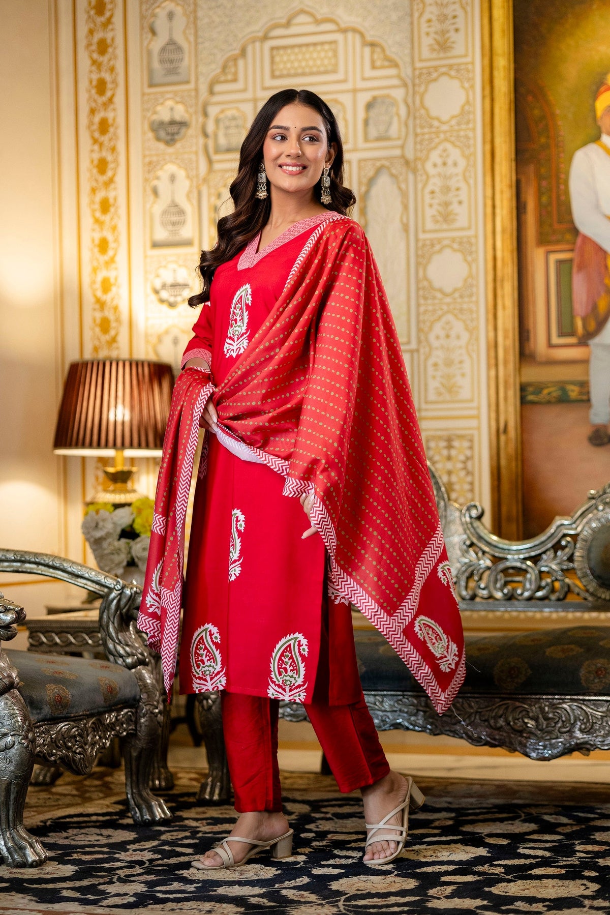 Traditional Printed Rayon Kurti with Pants and Chanderi Cotton Dupatta Set