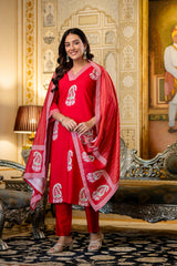 Traditional Printed Rayon Kurti with Pants and Chanderi Cotton Dupatta Set