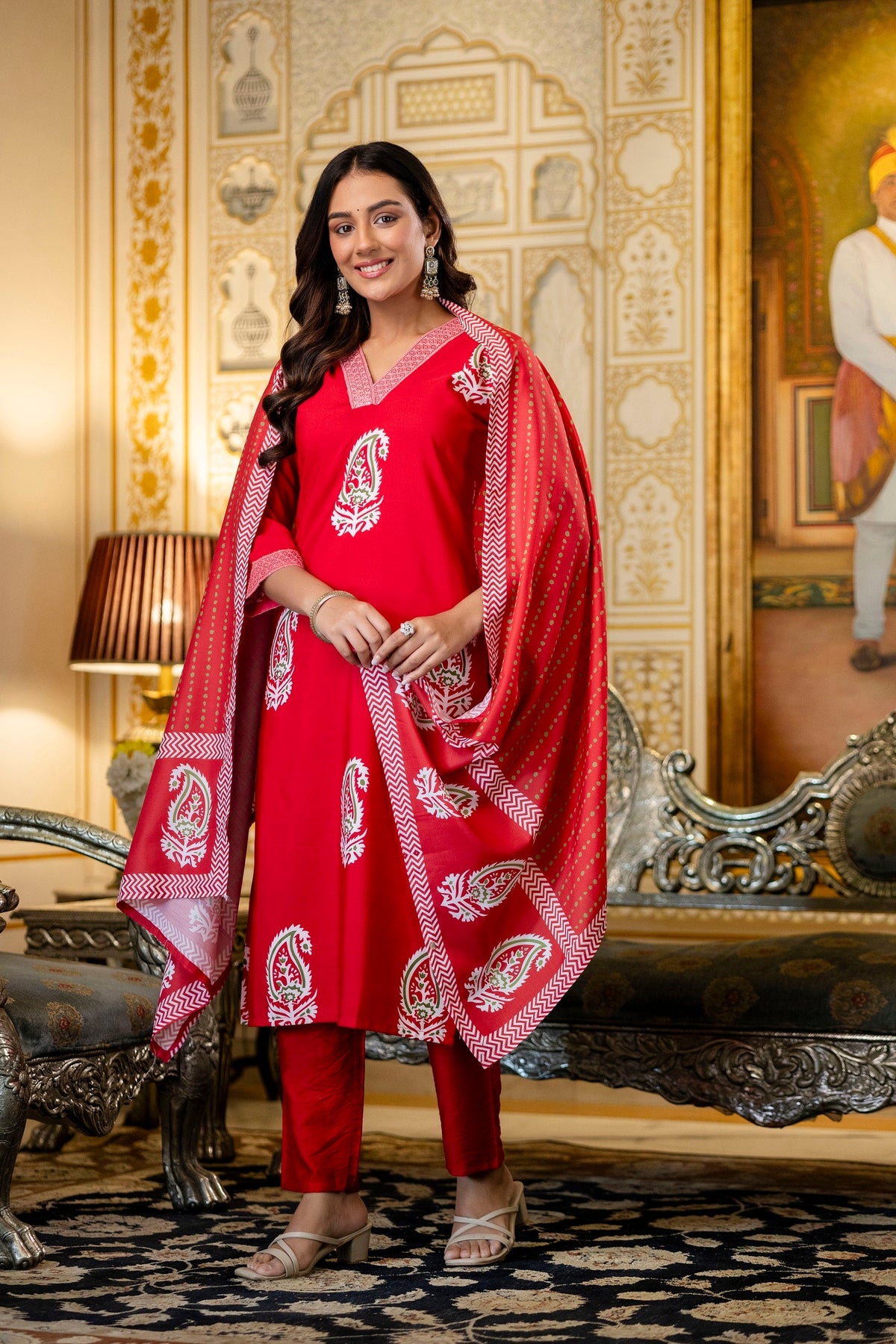 Traditional Printed Rayon Kurti with Pants and Chanderi Cotton Dupatta Set